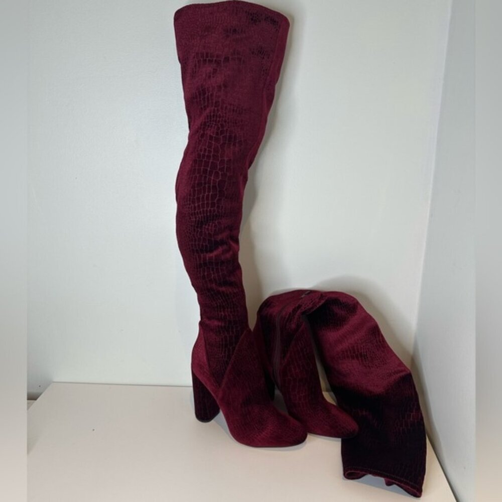 Aldo Tenesha velvet wine thigh high heel boot with snake embossed size 8.5